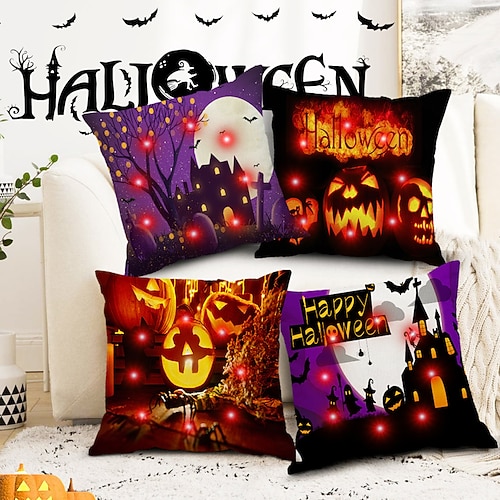 

Halloween-Kissenbezug, doppelseitig, 4 Stück, weich, dekorativ, quadratisch, Kissenbezug für Schlafzimmer, Wohnzimmer, Sofa, Couch, Stuhl (mit LED-Lichterkette)