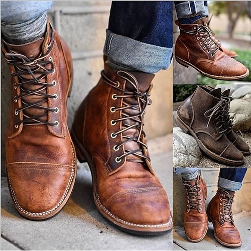 

Men's Boots Combat Boots Plus Size Vintage Classic Casual Outdoor Daily Faux Leather Breathable Comfortable Slip Resistant Lace-up Brownish yellow Bark brown Coffee Winter