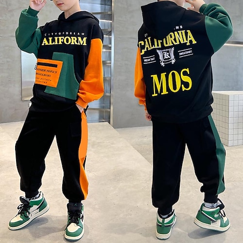 

2 Pieces Sets Kids Boys Tracksuits Outfit Color Block Letter Long Sleeve Pocket Set Sports Daily Fall Winter 7-13 Years Beige