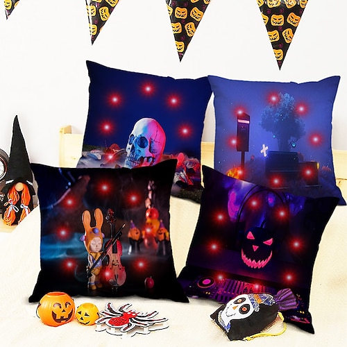 

Halloween-Kissenbezug, doppelseitig, 4 Stück, weich, dekorativ, quadratisch, Kissenbezug für Schlafzimmer, Wohnzimmer, Sofa, Couch, Stuhl (mit LED-Lichterkette)