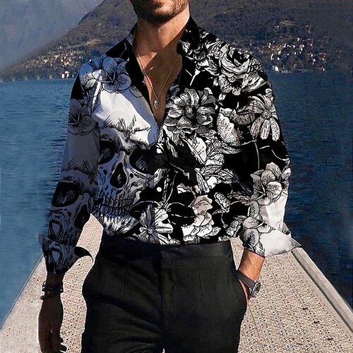 

Homme Chemise Floral Col rabattu Noir Extérieur Plein Air manche longue Imprimer Vêtement Tenue Mode Vêtement de rue Design Décontractées