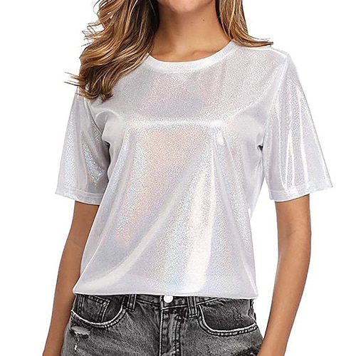 

Damen T Shirt Weiß Rosa Lavendel Glatt Kurzarm Party Casual Party Metallisch Rundhalsausschnitt Regular Fit Sommer