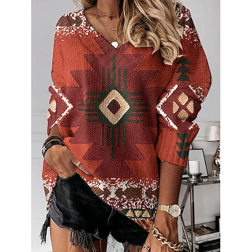 

Pull Maille Femme Crocheté Tricoter Tunique Imprimer Argyle Col V mode Décontractées du quotidien Épaule tombante manche longue Eté Printemps Rouge Bleu S M L