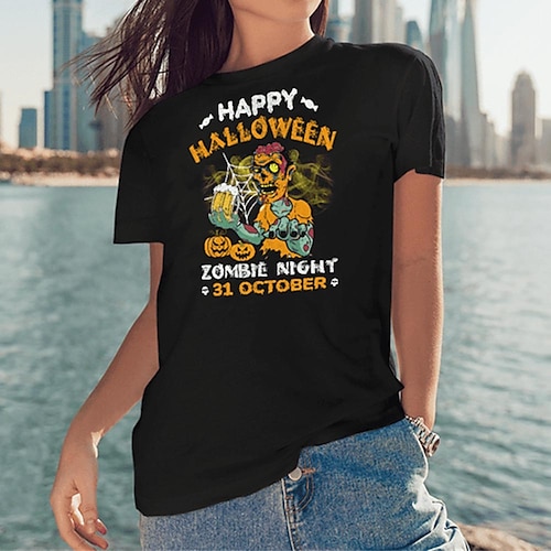 

Mujer Camiseta camisa de halloween Negro Letra Calabaza Estampado Manga Corta Víspera de Todos los Santos Fin de semana Básico Escote Redondo Ajuste regular Pintura