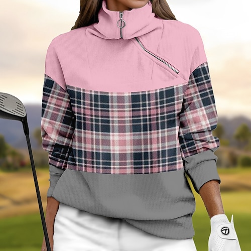 

Mulheres moletom de golfe pulôver de golfe camisola de golfe Térmico / Quente Respirável Pavio Humido Manga Longa Casacos de golfe Blusas Normal 1/4 Zip Colarinho Alto Xadrez Primavera Outono Tênis