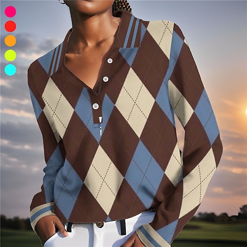 

Women's Polo Shirt Golf Shirt Button Up Polo Breathable Quick Dry Moisture Wicking Long Sleeve Golf Apparel Golf Clothes Regular Fit Plaid Maillard Spring Autumn Tennis Golf Pickleball