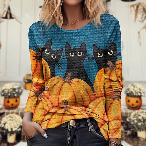 

Women's T shirt Tee Halloween Shirt Blue Cat Pumpkin Print Long Sleeve Daily Weekend Basic Round Neck Regular Fit Cat Painting Fall Winter