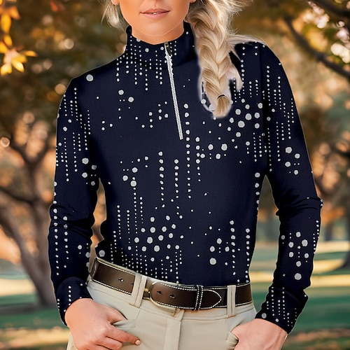 

Women's Polo Shirt Golf Shirt Breathable Quick Dry Moisture Wicking Long Sleeve Golf Apparel Golf Clothes Regular Fit 1/4 Zip Stand Collar Polka Dot Spring Autumn Tennis Golf Pickleball