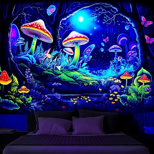 

tapeçaria reativa uv de luz negra fluorescência tapeçaria de cogumelo psicodélico luz negra para sala de estar quarto de faculdade decoração de dormitório