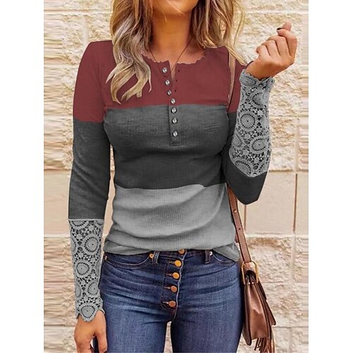 

Women's Pullover Sweater Jumper Jumper Ribbed Knit Button Lace Trims Leopard Crew Neck Stylish Casual Daily Going out Summer Fall Pink Wine S M L