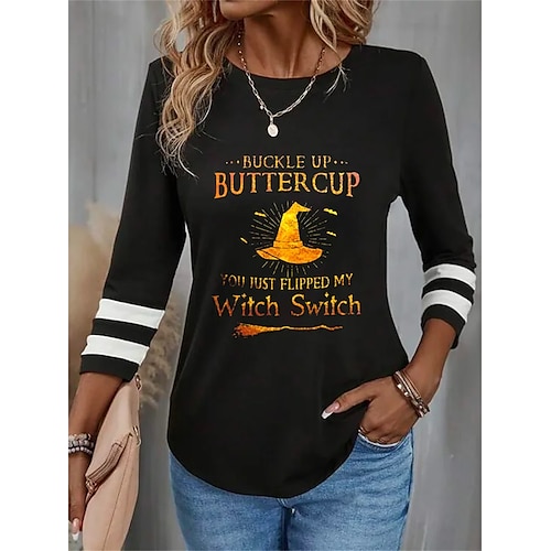 

Mujer Camiseta camisa de halloween Negro Graphic Letra Estampado Manga Larga Diario Fin de semana Básico Escote Redondo Ajuste regular Pintura Otoño invierno