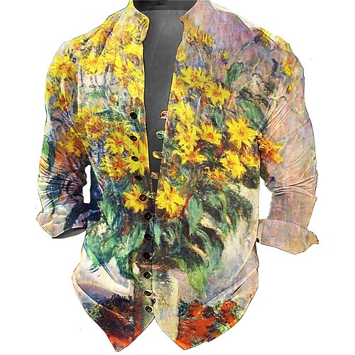 

Hombre Camisa camisa de lino Floral Estampados Escote Chino Amarillo Morado Exterior Calle Manga Larga Estampado Ropa Lino Moda Ropa de calle Design Casual