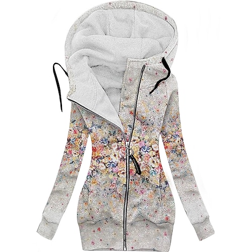 

Women's Hoodied Jacket Causal Zipper Flower Comfortable Fashion Regular Fit Outerwear Long Sleeve Fall White S