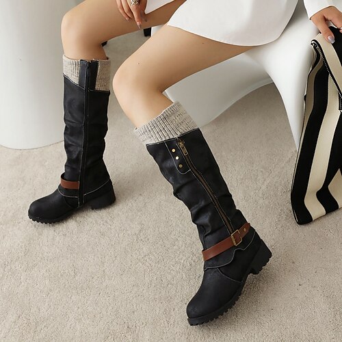 

Damen Stiefel Slouchy-Stiefel Übergrössen Winterstiefel Outdoor Täglich Kniehohe Stiefel Winter Blockabsatz Runde Zehe Brautkleider schlicht Industrieller Stil PU Reißverschluss Farbblock Schwarz Grün