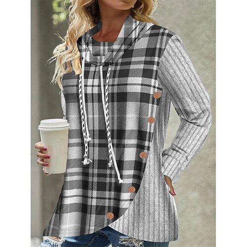 

Pull Maille Femme A côtes Tricoter Patchwork Bouton Plaid Capuche mode Décontractées du quotidien Sortie manche longue Automne Hiver Noir Vert Claire S M L