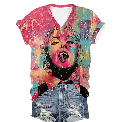 

Women's T shirt Tee Yellow Red Blue Portrait Print Short Sleeve Daily Weekend Basic V Neck Regular Fit Portrait Painting