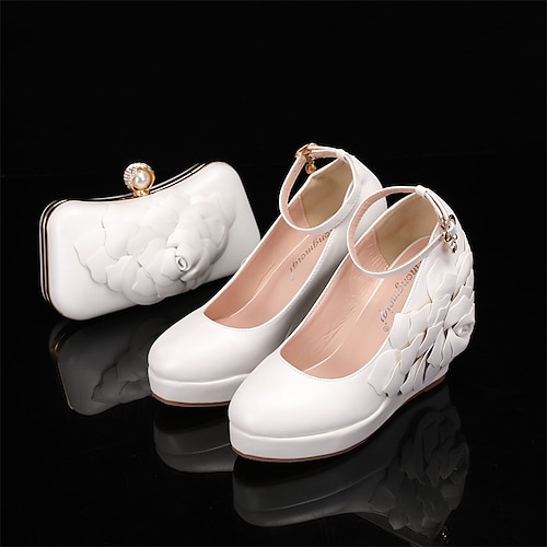 

Mulheres Saltos Sapatos De Casamento Sapatos de vestir Sapatos brancos Casamento Festa Conjunto de sapatos e bolsas correspondentes Flor Salto Plataforma Ponta Redonda Elegante Sensual Minimalismo
