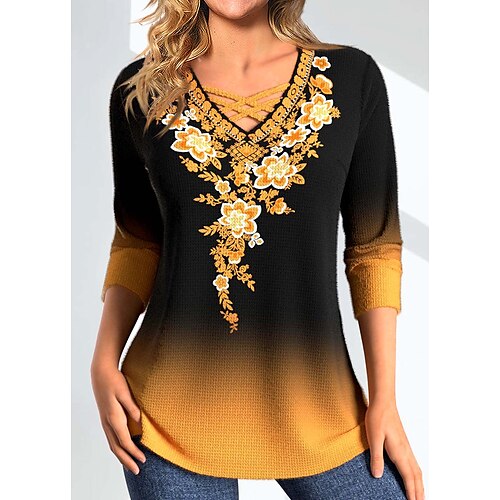 

Mujer Camiseta Negro Floral Gradiente de Color Estampado Manga Larga Festivos Fin de semana Básico Neón y brillante Escote en Pico Ajuste regular Flor Pintura