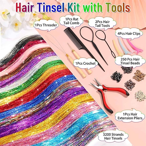 Hair Tinsel Kit (48 Inch 16 Colors 3200 Strands) Glitter Sparkling Tinsel  Hair Extensions with Tools Heat Resistant Fairy Hair Tinsel Kit for Women  Girls Cosplay Party Festival Hair Accessories 2024 - $22.99