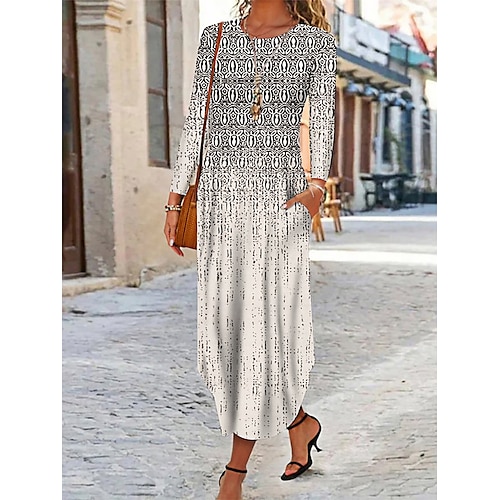 

Mujer Vestimenta casual Vestido Étnico Vestido Estampado Floral Tribal Bolsillo Separado Cuello Barco vestido largo vestido largo Vintage Étnico Exterior Diario Manga Larga Ajuste regular Blanco