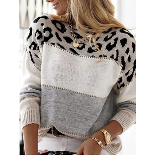 

Women's Pullover Sweater Jumper Crew Neck Ribbed Knit Cotton Patchwork Print Fall Winter Daily Going out Weekend Stylish Casual Soft Long Sleeve Leopard Color Block Striped Yellow Pink Red S M L