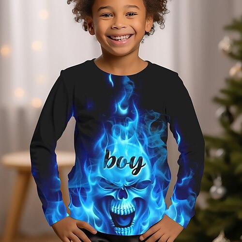 

Jungen-Halloween-T-Shirt, lange Ärmel, Totenkopf, 3D-Druck, Sport, Mode, Streetwear, Polyester, Outdoor, Halloween, Kinder, Rundhalsausschnitt, 3–12 Jahre, 3D-gedruckte Grafik, normale Passform