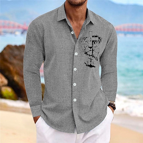 

Hombre Camisa camisa de lino León Estampados Cruz Cuello Vuelto Amarillo Azul Piscina Verde Trébol Gris Exterior Calle Manga Larga Estampado Ropa Lino Moda Ropa de calle Design Casual