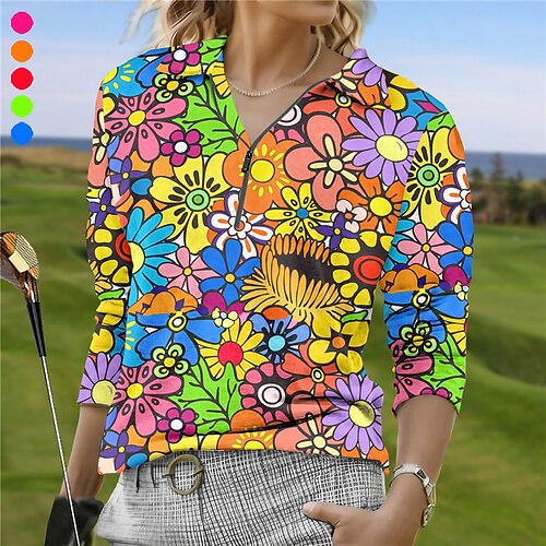 

Mulheres Camisa polo de caminhada Camisa de golfe Respirável Secagem Rápida Pavio Humido Manga Longa Vestuário de golfe Roupas de golfe Normal Zíper Colarinho Alto Floral Estampado Primavera Outono