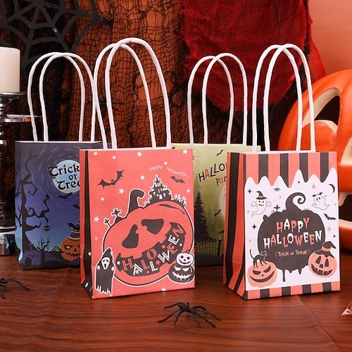 

10 Stück Mini-Halloween-Süßigkeitstüten mit Kürbismuster, Geschenktüten mit Papiergriff, Halloween-Partyzubehör