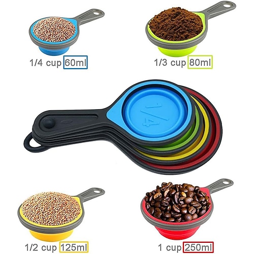  Measuring Cups and Spoons set, Collapsible Measuring Cups, 8  piece Measuring Tool Engraved Metric/US Markings for Liquid & Dry Measuring,  Space Saving, BPA Free Silicone, Colorful: Home & Kitchen