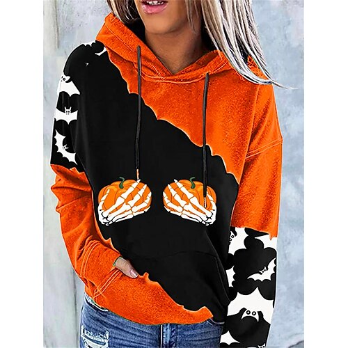 

Women's Hoodie Sweatshirt Pullover Halloween Sweatshirt Basic Neon Bright Front Pocket Black Orange Gray Graphic Halloween Hoodie Long Sleeve Top Micro-elastic Fall Winter