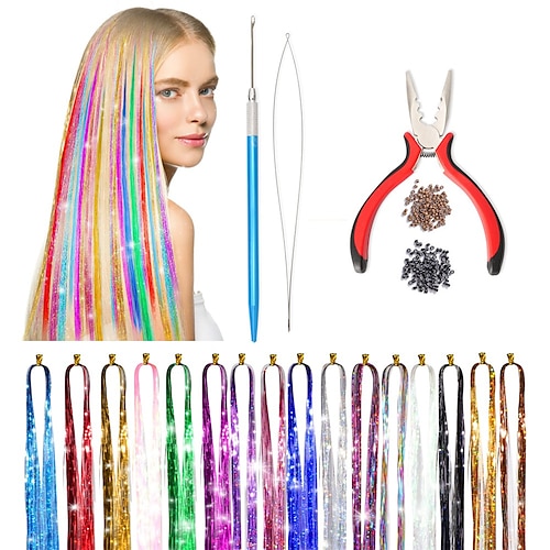 Hair Tinsel Kit Fairy Hair Tinsel Kit 16 Colors 3200 strands 47 Inch Tinsel  Hair Extensions Kit Heat Resistant with Glitter Hair Extensions Micro Beads  and Styling Crochet Tools for Women 2023 - US $22.99