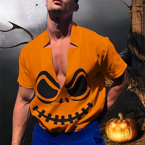 

Men's Shirt Linen Shirt Pumpkin V Neck Black Orange Outdoor Halloween Short Sleeve Print Clothing Apparel Linen Fashion Streetwear Designer Casual