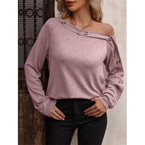 

Women's Pullover Sweater Jumper Jumper Ribbed Knit Button Solid Color Off Shoulder Stylish Casual Outdoor Daily Fall Winter claret Black S M L