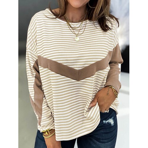 

Women's T shirt Tee Khaki Striped Print Long Sleeve Daily Weekend Basic Round Neck Regular Fit Painting Spring Fall