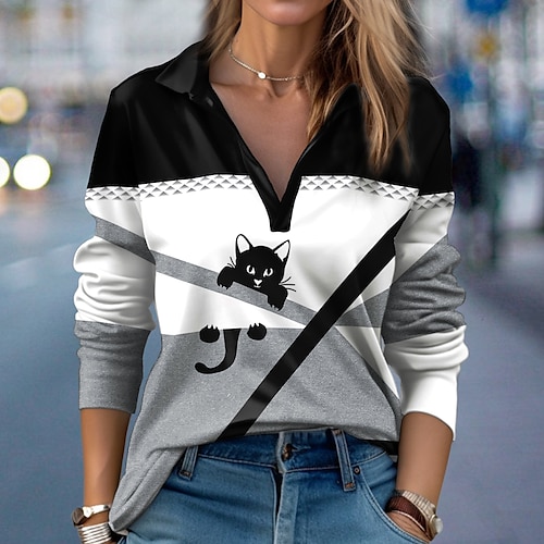 

Damen T Shirt Grau Geometrisch Katze Bedruckt Langarm Täglich Wochenende Basic Hemdkragen Regular Fit Katze Geometrisch Farbe