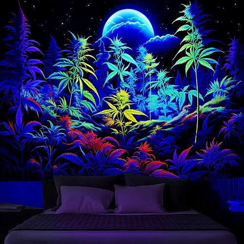 

Fantasía hoja fluorescente activo pared tapiz negro uv reactivo tapiz arte decoración manta cortina colgante hogar dormitorio sala de estar decoración