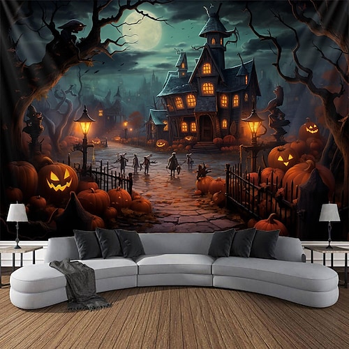 

Halloween Pumpkin Hanging Tapestry Wall Art Large Tapestry Mural Decor Photograph Backdrop Blanket Curtain Home Bedroom Living Room Decoration Creepy Town Mansion House Halloween Decorations