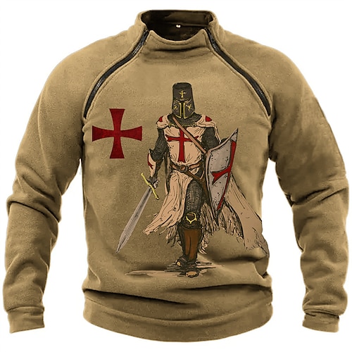 

Men's Pullover Quarter Zipper Sweatshirt Blue Brown Green Brown 2 High Neck Knights Templar Graphic Prints Zipper Print Casual Daily Sports 3D Print Basic Casual Big and Tall Spring Fall Clothing