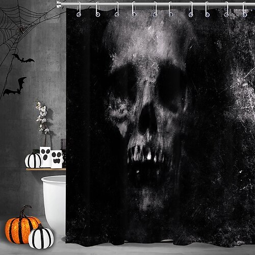 

Halloween esqueleto diseño fantasma cortina de ducha con ganchos para baño cortina de ducha decoración de baño conjunto poliéster impermeable paquete de 12 ganchos de plástico cabezas de calavera