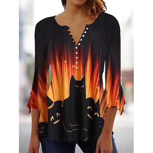 

Mujer camisa de halloween Blusa Negro Gato Botón Estampado Manga 3/4 Víspera de Todos los Santos Casual Ropa de calle Escote Redondo Ajuste regular Gato 3D