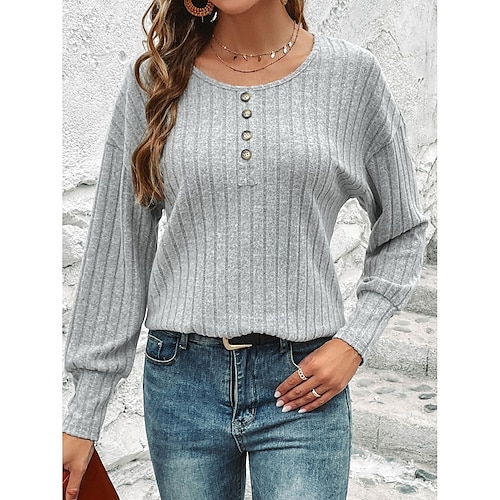 

Femme T shirt Tee Gris Plein Bouton manche longue du quotidien Fin de semaine du quotidien basique Col Rond Standard Automne hiver