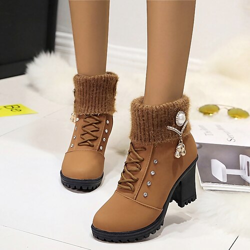 

Women's Boots Heel Boots Booties Ankle Boots Daily Imitation Pearl Zipper Chunky Heel Round Toe Fashion Elegant Casual PU Zipper Solid Color Black Yellow