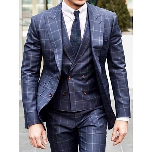 

Navy Blue Men's Wedding Suits 3 Piece Checkered Tailored Fit Single Breasted Two-buttons 2023