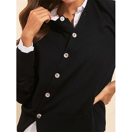 

Mujer Chaqueta de Punto Puente Estriado Tejer Botón Color sólido Cuello Barco Elegante Casual Exterior Diario Verano Otoño Negro S M L