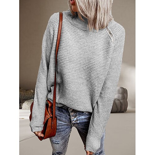 

Women's Pullover Sweater Jumper Jumper Ribbed Knit Oversized Solid Color Turtleneck Stylish Casual Outdoor Daily Fall Winter Black White S M L