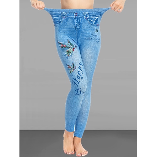 

Жен. Тонкие Брюки Искусственная джинсовая ткань Карман С принтом Высокий вырез Завышенная Полная длина Чистый синий Лето