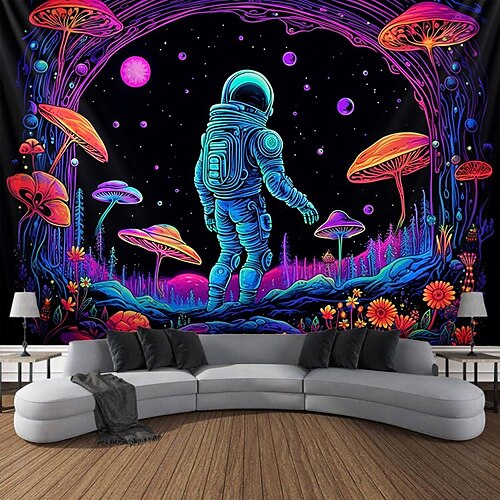 

Astronauten-Pilz-Schwarzlicht-Wandteppich, UV-reaktives Leuchten im Dunkeln, trippy neblige Naturlandschaft, hängender Wandteppich, Wandkunst-Wandbild für Wohnzimmer, Schlafzimmer