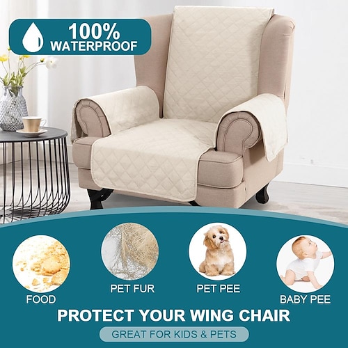 

100% Waterproof Wing Chair Cover Wing Armchair Slipcovers Chair Couch Protector Triple Non-Slip Sofa Slipcover for Wing Chair Furniture Protector for Pets, Kids,Dog