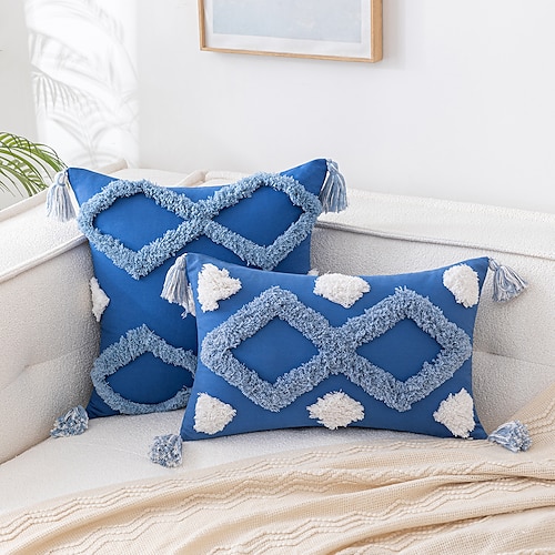 

Boho géométrique tufté coussin couvre bleu blanc doux ferme tissé gland accent taies d'oreiller moderne tribal texturé décoratif carré housse de coussin